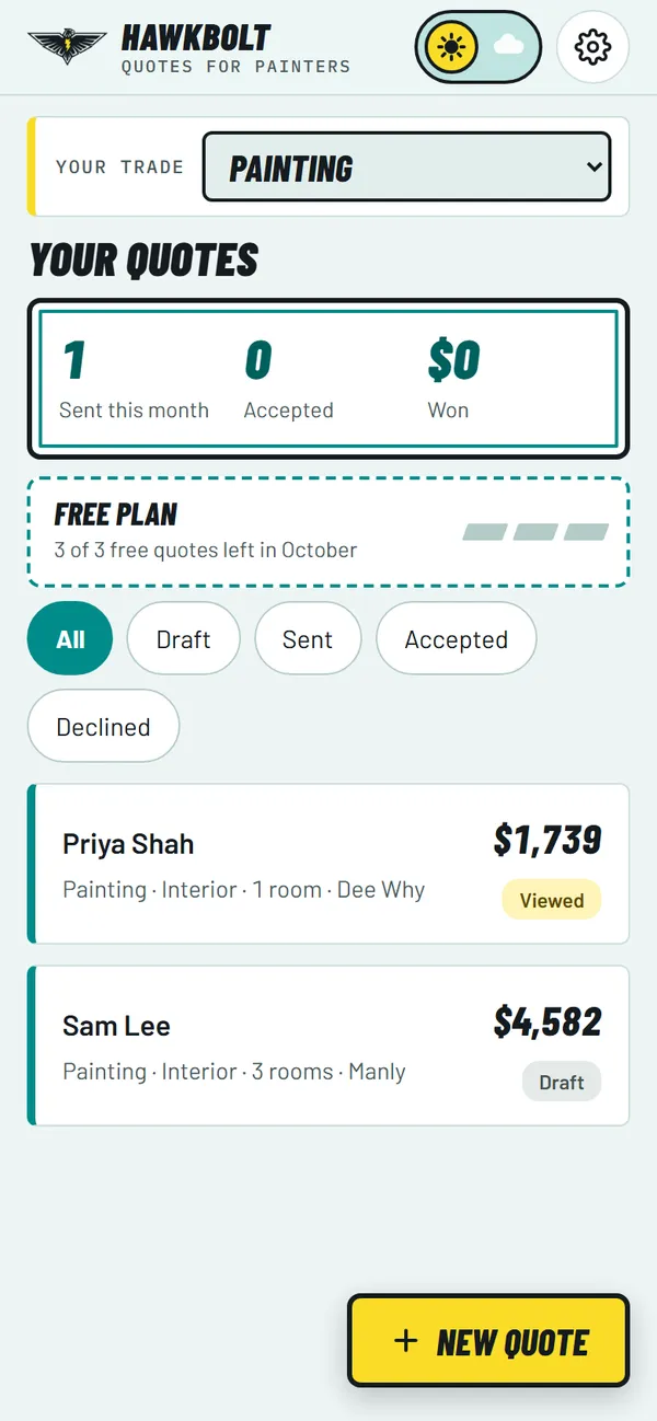 Track every quote: See what's sent, viewed and accepted at a glance.