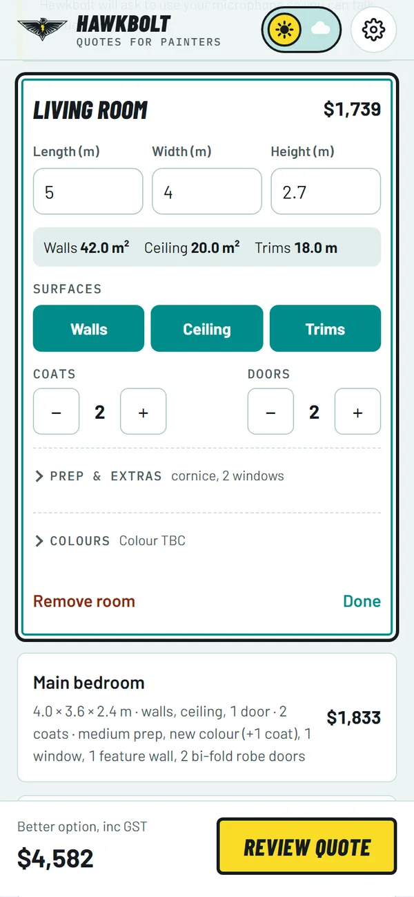 Check the rooms: Measurements and surfaces filled in. Tweak anything with a tap.